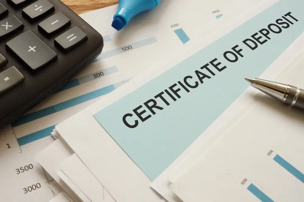 Various office supplies on top of paperwork titled "Certificate of Deposit"