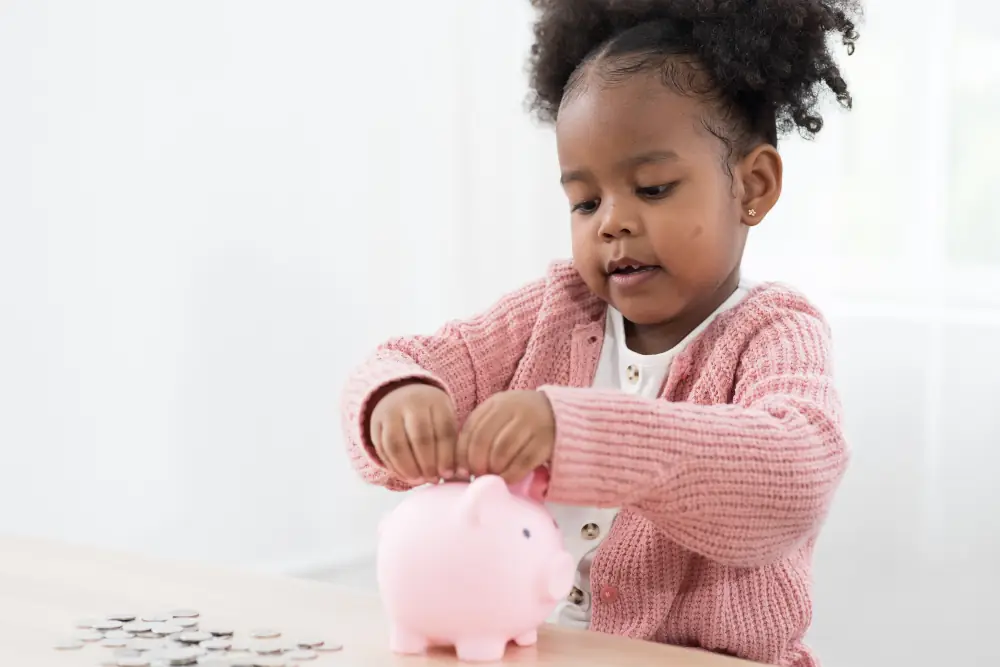 A child putting coins into a piggy bank