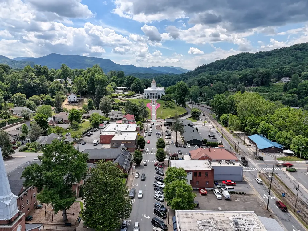 An overhead photo of the town of Sylva, NC